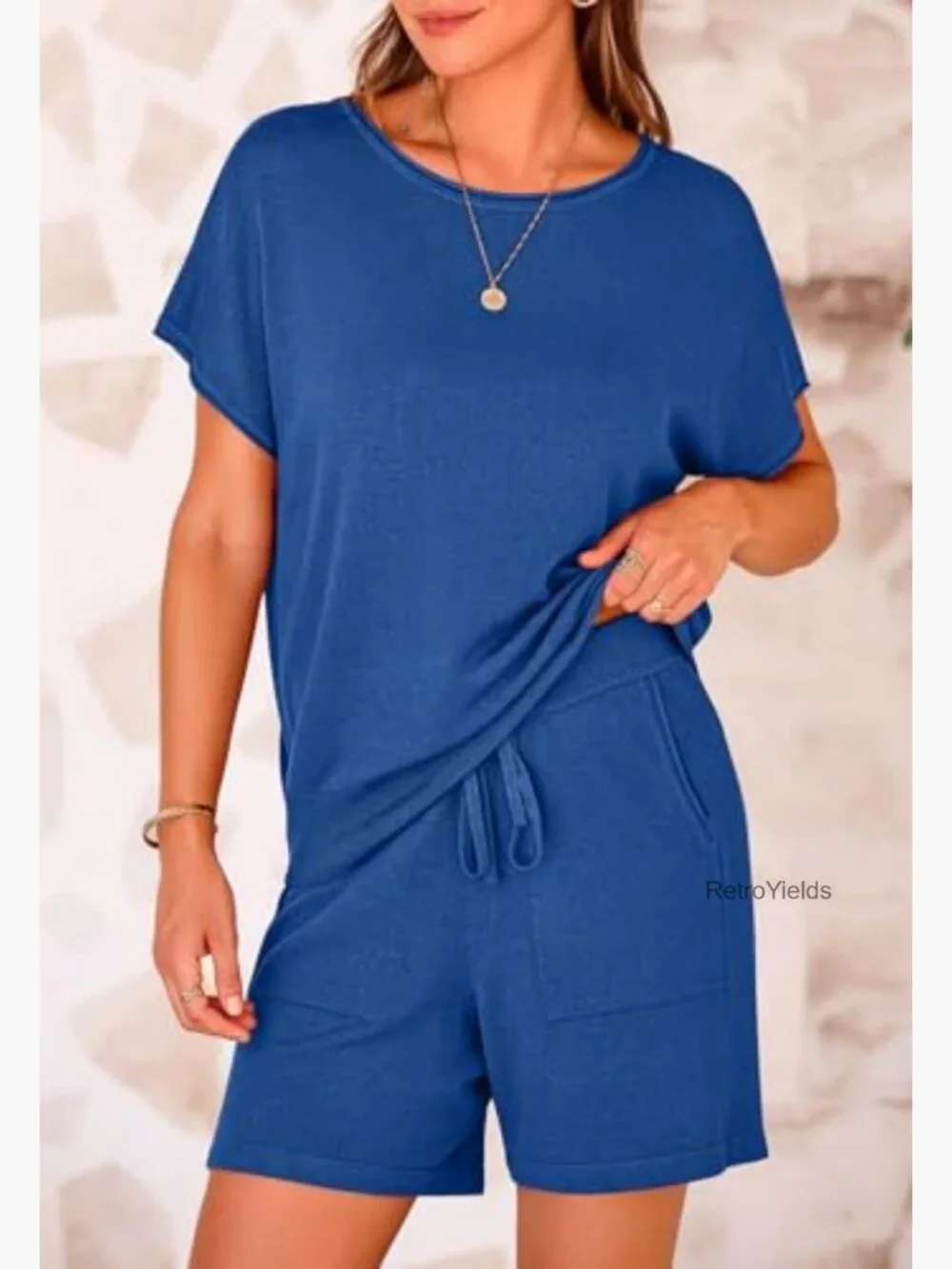 Two Piece Lounge Set Shorts Short Sleeve Top Knitted Matching Travel Vacation